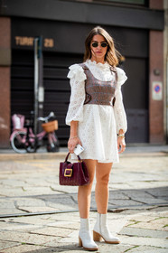 bally bag, white dress, lace dress, round shape sunglasses, ruffle dress, long sleeves dress, high collar dress, layered top, checked top, burgundy leather bag, burgundy top, beige top, cropped top, quilted bag, hand bag, metalic frame sunglasses, rayban sunglasses, mini dress, low boots, white leather boots, wooden heels shoes, wooden heels boots, polish boots, high heels boots, sarah lou falk, street style, jonathan paciullo, FW, frenchystyle, fashion week, MFW, MILAN, SPRING SUMMER 2021, SS 21, vertical, full length