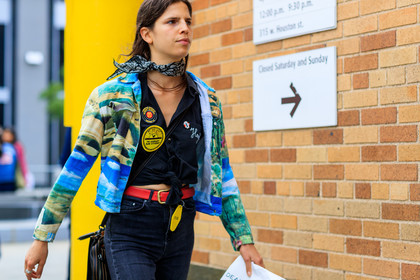 atmosphere details, black bandana, black denim, black shirt, denim pants, detail, fashion week, frenchystyle, FW, Hayett McCarthy, horizontal, jeans, jonathan paciullo, leather bag, leather belt, model, multicolor jacket, NEW YORK, NYFW, pins, printed jacket, red belt, SPRING SUMMER 2018, SS 18, street style, trousers