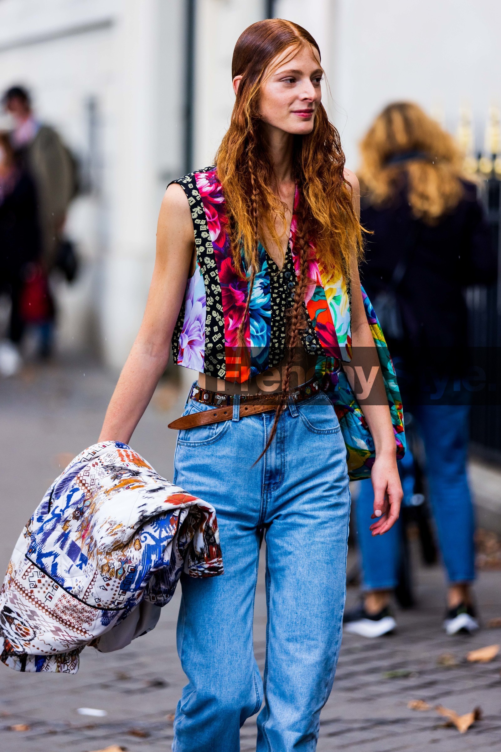belt, blue denim, blue jean, braid, brown belt, color, denim, floral print, flower print, hairstyle, jacket, jean, leather belt, multicolor, patchwork, pink top, print, printed jacket, printed top, top, waistcoat, street style, jonathan paciullo, FW, frenchystyle, fashion week, PFW, PARIS, SPRING SUMMER 2022, SS 22, vertical, atmosphere details, model