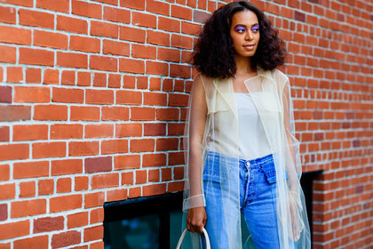 atmosphere details, blue denim, denim pants, detail, eyeshadow, fashion week, frenchystyle, FW, horizontal, jeans, jonathan paciullo, NEW YORK, NYFW, see through, solange knowles, SPRING SUMMER 2017, SS 17, street style, transparent, trousers, white jacket, white top, woman