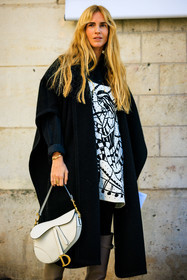 blond hair, long hair, printed dress, white dress, black coat, saddle bag, white bag, dior bag, grey boots, fashion week, frenchystyle, FW, jonathan paciullo, street style, PARIS, PFW, SPRING SUMMER 2022, SS 22, atmosphere details, detail, vertical, blanca miro scrimieri