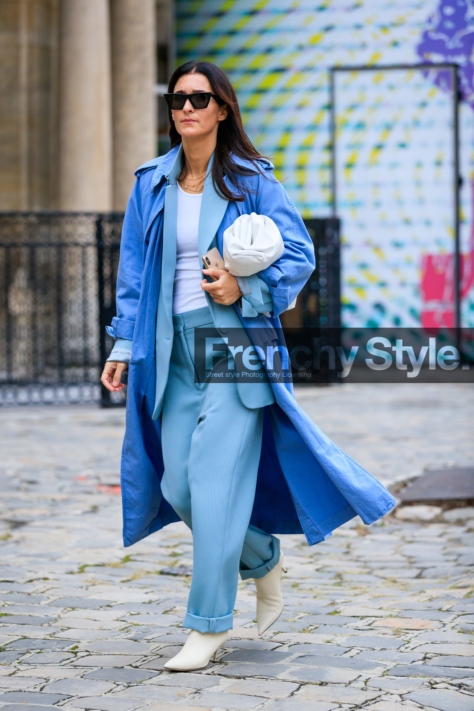 blue trench coat, light blue jacket, light blue pants, light blue suits, celine sunglasses, futurist shape sunglasses, black sunglasses, white leather clutch, white leather boots, white t-shirt, bottega veneta bag, fashion week, frenchystyle, FW, jonathan paciullo, street style, PFW, PARIS, SPRING SUMMER 2020, SS 20, horizontal, full length