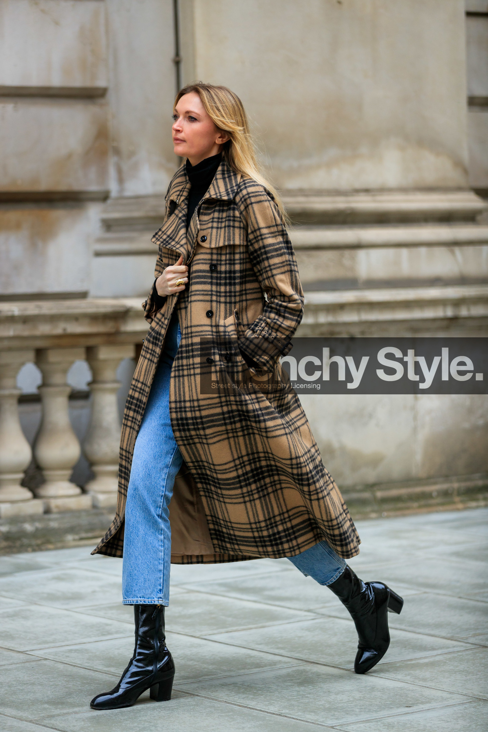 black shoes, blue denim, brown coat, checked, denim pants, graphic jacket, high heels, jeans, leather shoes, plaid, printed jacket, tartan, trousers, varnished leather shoes, street style, jonathan paciullo, FW, frenchystyle, fashion week, LFW, LONDON, AUTUMN WINTER 2019-2020, AW 19-20, FW 19-20, FALL WINTER 2019-2020, vertical, full length