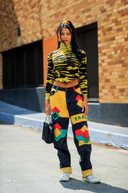 black bag, converse, cropped top, denim pants, fashion week, frenchystyle, full length, FW, graphic sweater, jeans, jonathan paciullo, leather bag, multicolor pants, NEW YORK, NYFW, patchwork, ponytail, prada, printed sweater, SPRING SUMMER 2018, SS 18, street style, trousers, vertical, white sneakers, yellow pants, yellow sweater, zebra