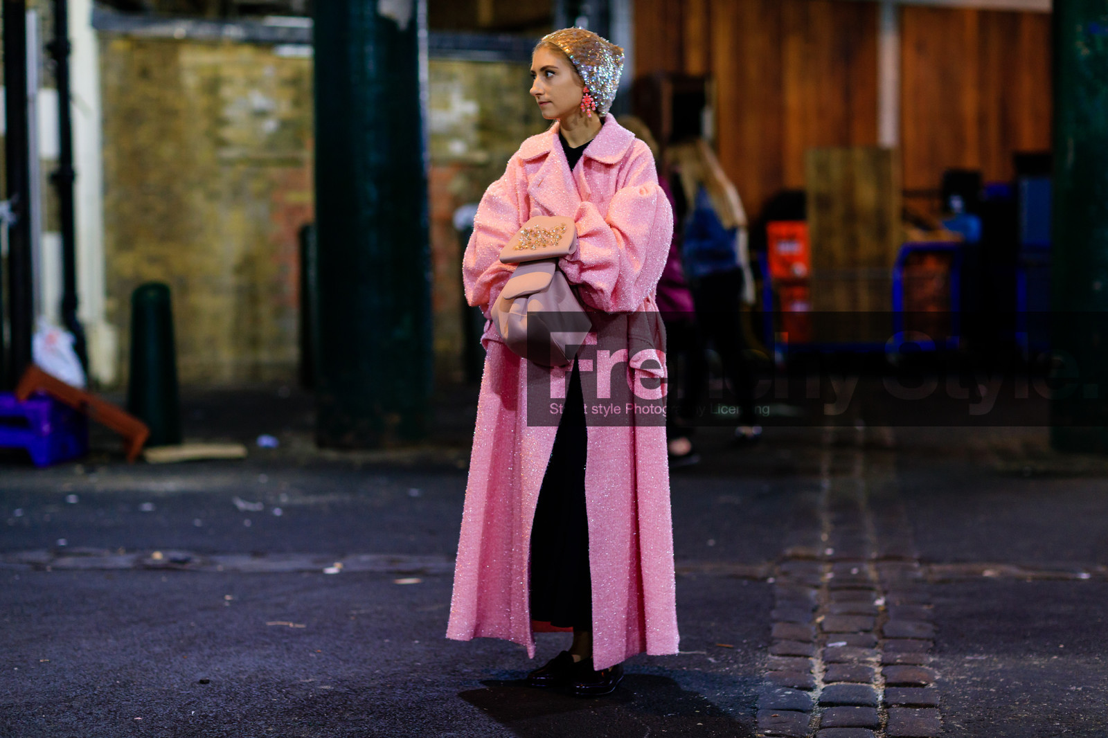 atmosphere details, black dress, black shoes, earrings, fashion week, frenchystyle, full length, FW, glitter, horizontal, jenny walton, jonathan paciullo, leather shoes, LFW, LONDON, pink bag, pink coat, sequined bag, SPRING SUMMER 2017, SS 17, street style, woman
