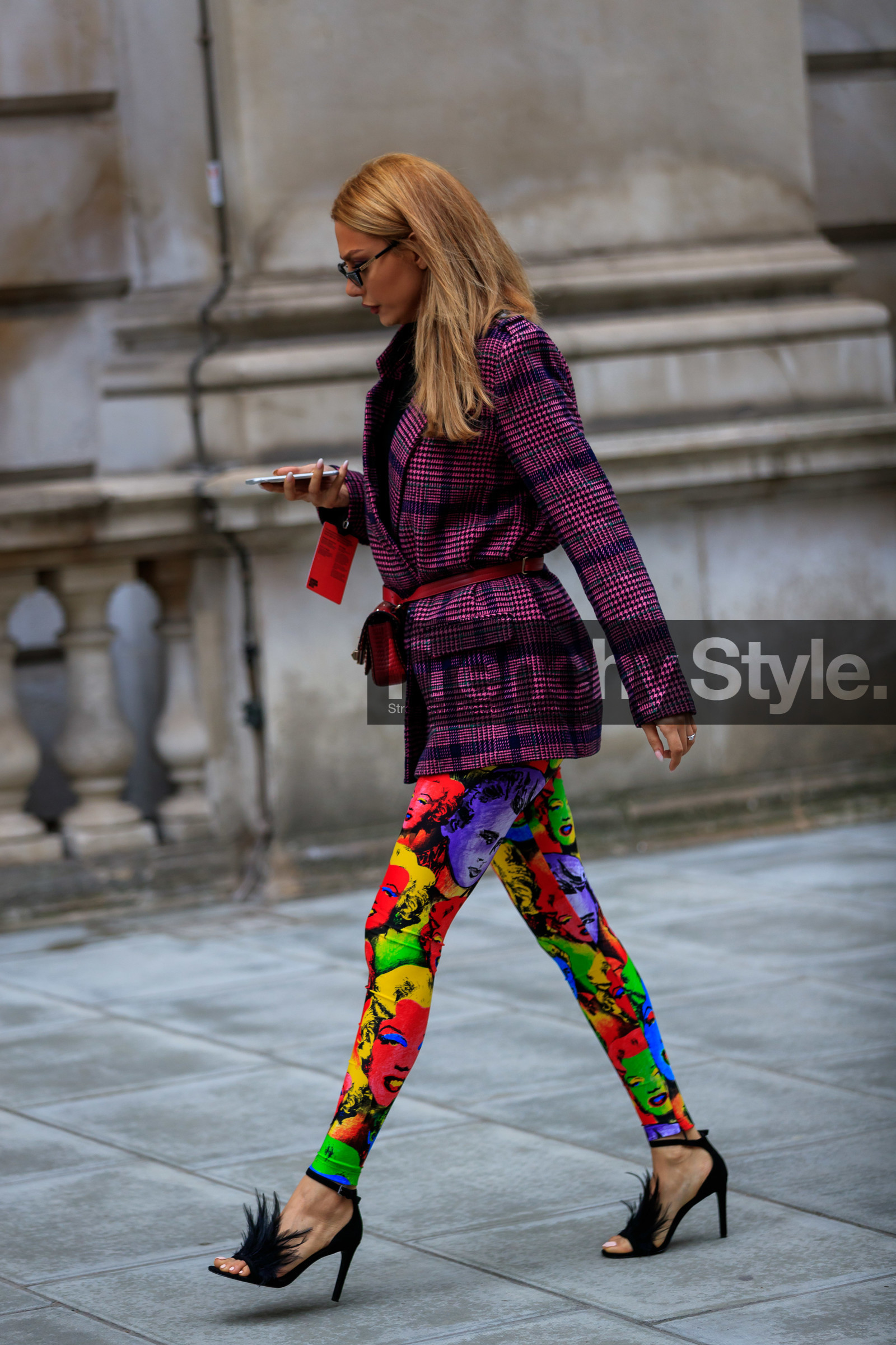black shoes, blazer, checked, fanny pack, graphic jacket, high heels, leather shoes, multicolor leggings, plaid, printed jacket, purple jacket, red bag, sunglasses, street style, jonathan paciullo, FW, frenchystyle, fashion week, LFW, LONDON, AUTUMN WINTER 2019-2020, AW 19-20, FW 19-20, FALL WINTER 2019-2020, vertical, full length