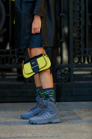 adidas, black coat, graphic bag, green bag, grey boots, leather bag, leather coat, leather shoes, prada, printed bag, veronika heilbrunner, PARIS, PFW, street style, jonathan paciullo, FW, frenchystyle, fashion week, AUTUMN WINTER 2019-2020, AW 19-20, FALL WINTER 2019-2020, FW 19-20, vertical, full length