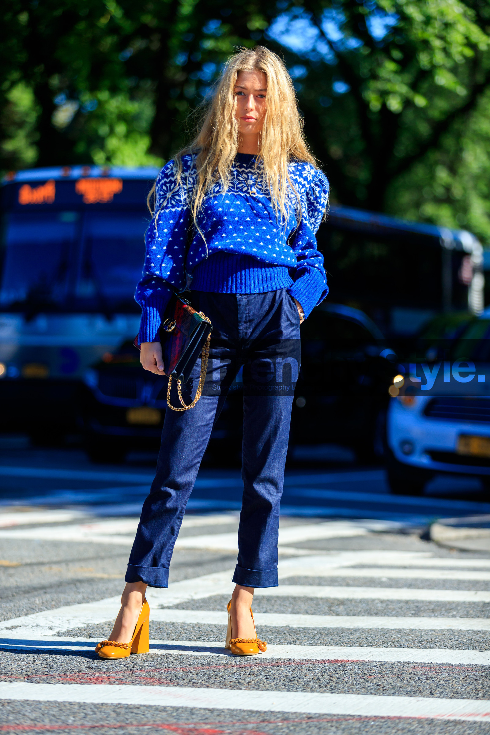 blue knit, blue pants, blue sweater, emili sindlev, fashion week, frenchystyle, full length, FW, high heels, jonathan paciullo, leather bag, leather shoes, multicolor bag, NEW YORK, NYFW, orange shoes, SPRING SUMMER 2018, SS 18, street style, trousers, vertical, yellow shoes