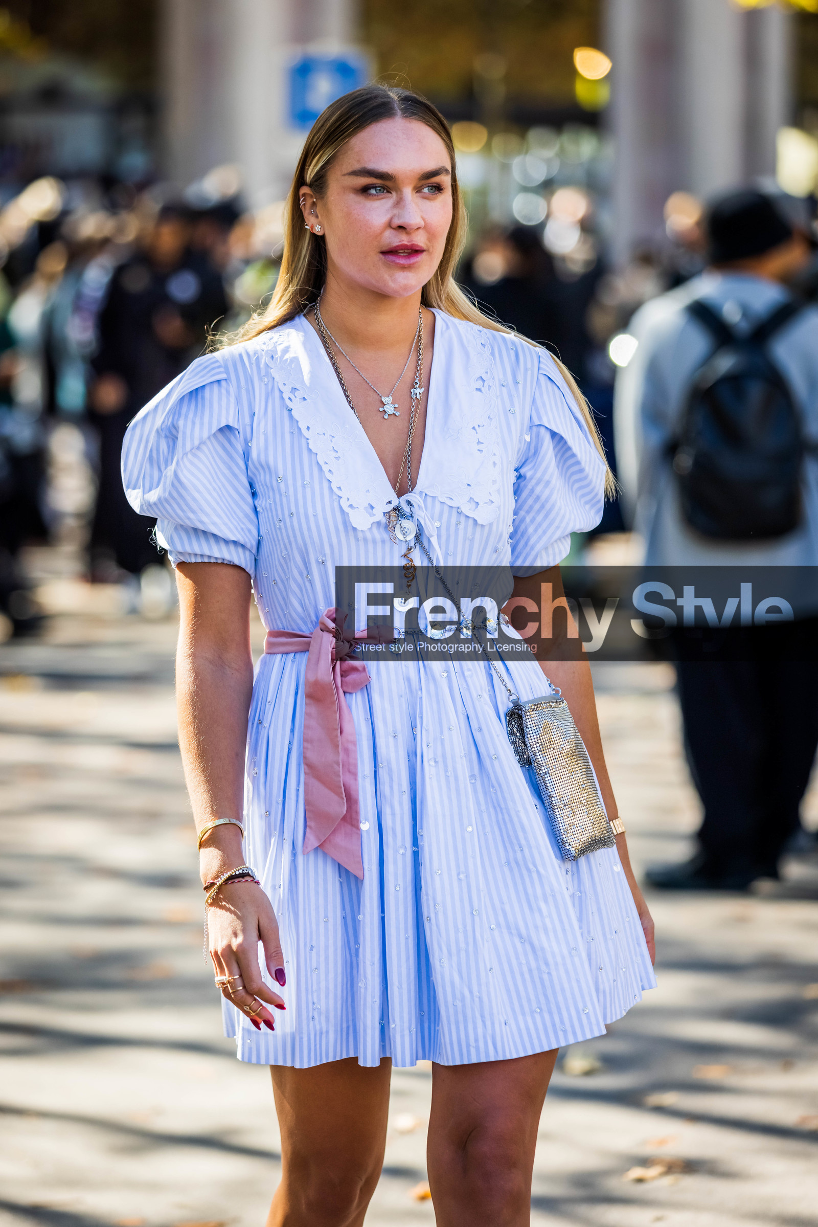 bag, balloon sleeves, blue dress, dress, embroidery, Nina Suess, sandals, short dress, silver bag, strass, striped dress, stripes, fashion week, frenchystyle, FW, jonathan paciullo, street style, PFW, PARIS, SPRING SUMMER 2022, SS 22, vertical, atmosphere details