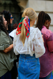 white blouse, lace blouse, ruffle blouse, denim skirt, hermes scarf, back details, hair details, fashion week, frenchystyle, FW, jonathan paciullo, street style, vertical, detail, atmosphere details
