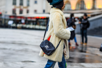 atmosphere details, AUTUMN WINTER 2016-2017, AW 16-17, black bag, blue denim, courrèges, denim pants, detail, FALL WINTER 2016-2017, fashion week, frenchystyle, fur coat, fur jacket, FW, FW 16-17, horizontal, jeans, jonathan paciullo, leather bag, PARIS, PFW, street style, trousers, white coat, white fur, white jacket