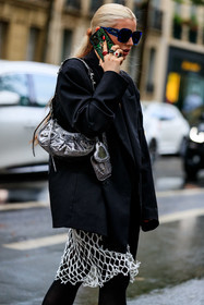 black jacket, oversize jacket, silvered bag, shoulder bag, leather bag, balenciaga bag, balenciaga sunglasses, blue sunglasses, square shape glasses, nail art, nails details, fishnet skirt, white skirt, multi rings, off white skirt, fashion week, frenchystyle, FW, jonathan paciullo, street style, PFW, PARIS, AUTUMN WINTER 2021-2022, FALL WINTER 2021-2022, FW 21-22, vertical, atmosphere details, detail