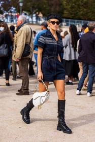 bag, beret, black beret, black boots, black sunglasses, blue jumpsuit, boots, Caroline Daur, denim jumpsuit, dior bag, dior look, jumpsuit, leather bag, leather boots, saddle bag, short jumpsuit, sunglasses, veil, white bag, street style, jonathan paciullo, FW, frenchystyle, fashion week, PFW, PARIS, SPRING SUMMER 2022, SS 22, vertical, full length