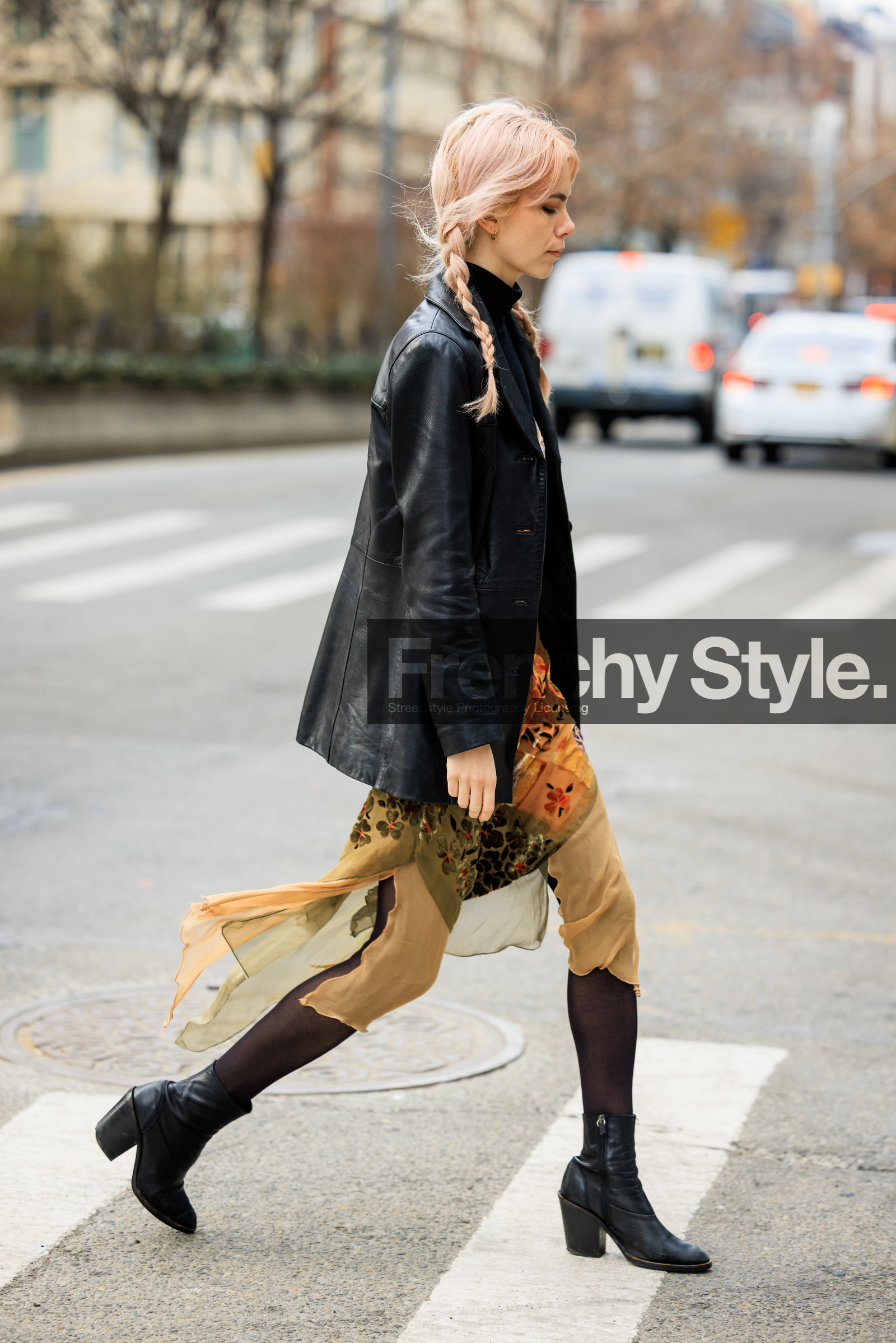 braided piggy tails, pink hair, black jacket, black leather derbies, black bottines, leather bottines, black stockings, midi dress, multicolor dress, black turtleneck, street style, jonathan paciullo, FW, frenchystyle, fashion week, NYFW, NEW YORK, AUTUMN WINTER 2022-2023, FALL WINTER 2022_2023, FW 22-23, vertical, full length