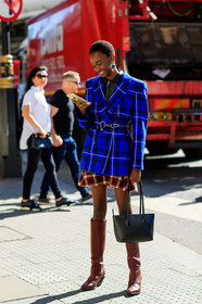 black bag, black shirt, blazer, blue jacket, bordeaux, burgundy, checked, earrings, graphic jacket, graphic skirt, high boots, high heels, leather bag, leather shirt, leather shoes, model, plaid, printed jacket, printed skirt, red boots, red skirt, tartan, fashion week, frenchystyle, FW, jonathan paciullo, street style, LFW, LONDON, SPRING SUMMER 2019, SS 19, vertical, full length