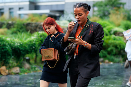 black jacket, black pants, black suit, blazer, bracelet, braids, brown bag, graphic bag, leather bag, louis vuitton, monogram, necklace, printed bag, trousers, fashion week, frenchystyle, FW, jonathan paciullo, street style, NEW YORK, NYFW, SPRING SUMMER 2020, SS 20, horizontal, atmosphere details, detail