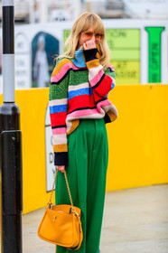 graphic sweater, green pants, jeanette madsen, leather bag, multicolor sweater, printed scarf, printed sweater, striped sweater, sunglasses, trousers, yellow bag, street style, jonathan paciullo, FW, frenchystyle, fashion week, LFW, LONDON, AUTUMN WINTER 2019-2020, AW 19-20, FW 19-20, FALL WINTER 2019-2020, vertical, atmosphere details, detail