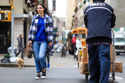 atmosphere details, AUTUMN WINTER 2016-2017, AW 16-17, blue denim, blue slippers, blue sweater, boyfriend jean, brown bag, checked coat, denim pants, FALL WINTER 2016-2017, fashion week, fendi, frenchystyle, full length, FW, FW 16-17, horizontal, jeans, jonathan paciullo, leather bag, louis vuitton, monogram, monster, neoprene, NEW YORK, NYFW, street style, striped coat, tartan, trousers, woman