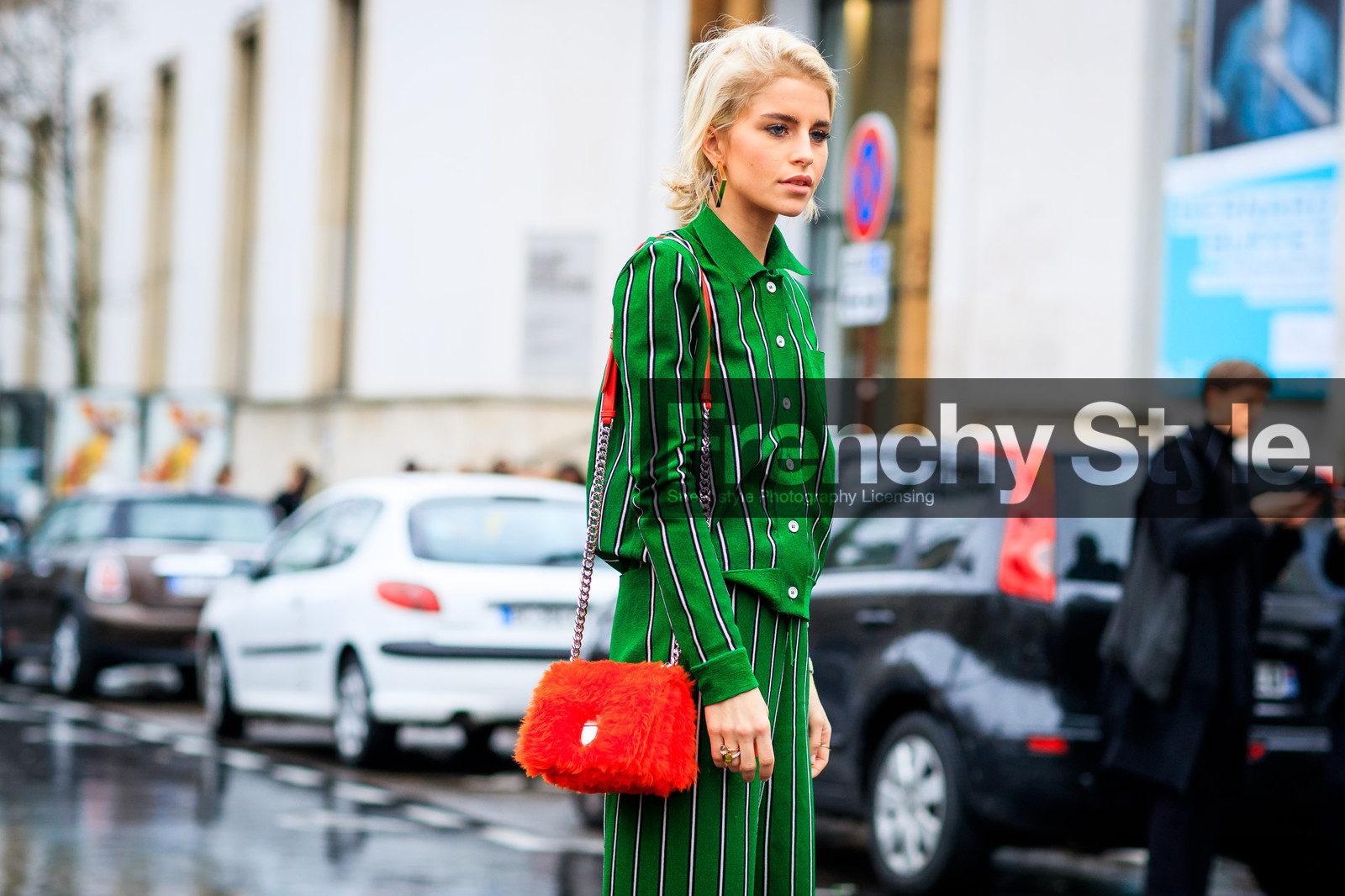 atmosphere details, AUTUMN WINTER 2017-2018, AW 17-18, caro daur, christian dior, detail, FALL WINTER 2017-2018, fashion week, frenchystyle, fur bag, FW, FW 17-18, graphic jacket, graphic pants, graphic suit, green jacket, green pants, green suit, horizontal, jonathan paciullo, leather bag, PARIS, PFW, printed jacket, printed pants, printed suit, red bag, street style, striped jacket, striped pants, striped suit, trousers