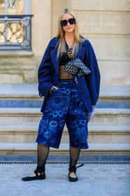 ballerinas, black bra, black shoes, blue bag, blue denim, blue jacket, Charlotte Groeneveld, christian dior, crop top, denim shorts, fishnet, graphic bag, graphic shorts, leather bag, leather shoes, monogram, printed bag, printed shorts, saddle bag, sunglasses, tights, fashion week, frenchystyle, FW, jonathan paciullo, street style, PFW, PARIS, AUTUMN WINTER 2019-2020, AW 19-20, FALL WINTER 2019-2020, FW 19-20, vertical, full length