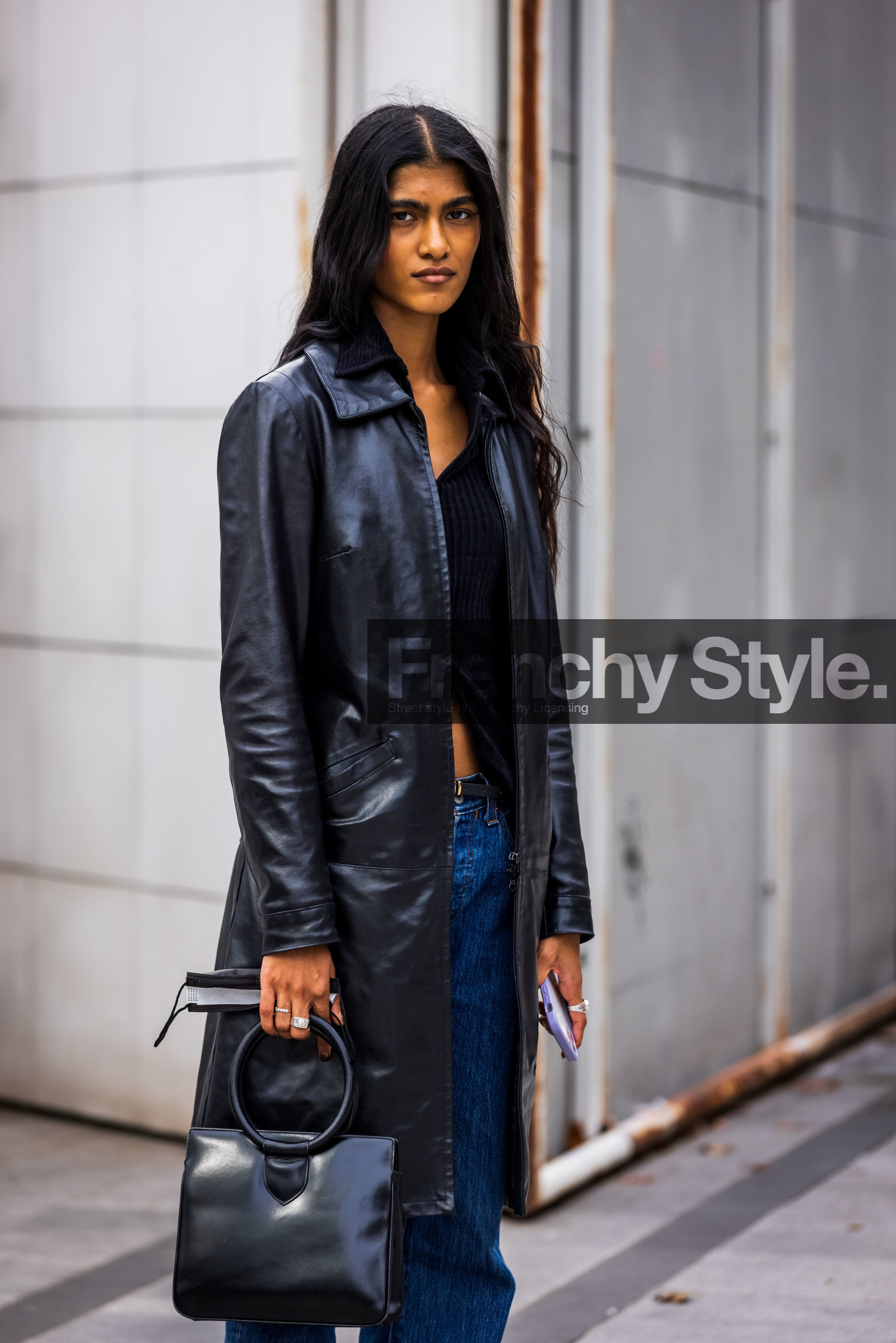 bag, black bag, black coat, blue denim, coat, denim, leather bag, leather coat, fashion week, frenchystyle, FW, jonathan paciullo, street style, PFW, PARIS, SPRING SUMMER 2022, SS 22, vertical, atmosphere details
