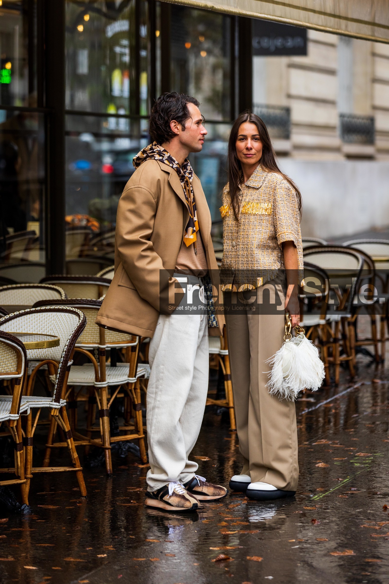 beige blazer, beige sneakers, blazer, brown scarf, denim, Jean Sebastien Roques, lanvin look, large pants, menswear, orange scarf, pants, print, printed scarf, scarf, sneakers, white denim, white pants, fashion week, frenchystyle, FW, jonathan paciullo, street style, PFW, PARIS, SPRING SUMMER 2022, SS 22, vertical, full length