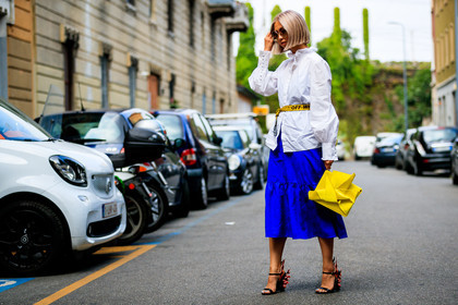 black shoes, blue skirt, high heels, leather bag, leather shoes, loewe, off white, prada, sunglasses, white shirt, yellow bag, yellow belt, fashion week, frenchystyle, FW, jonathan paciullo, street style, MFW, MILAN, SPRING SUMMER 2019, SS 19, atmosphere details, horizontal, full length