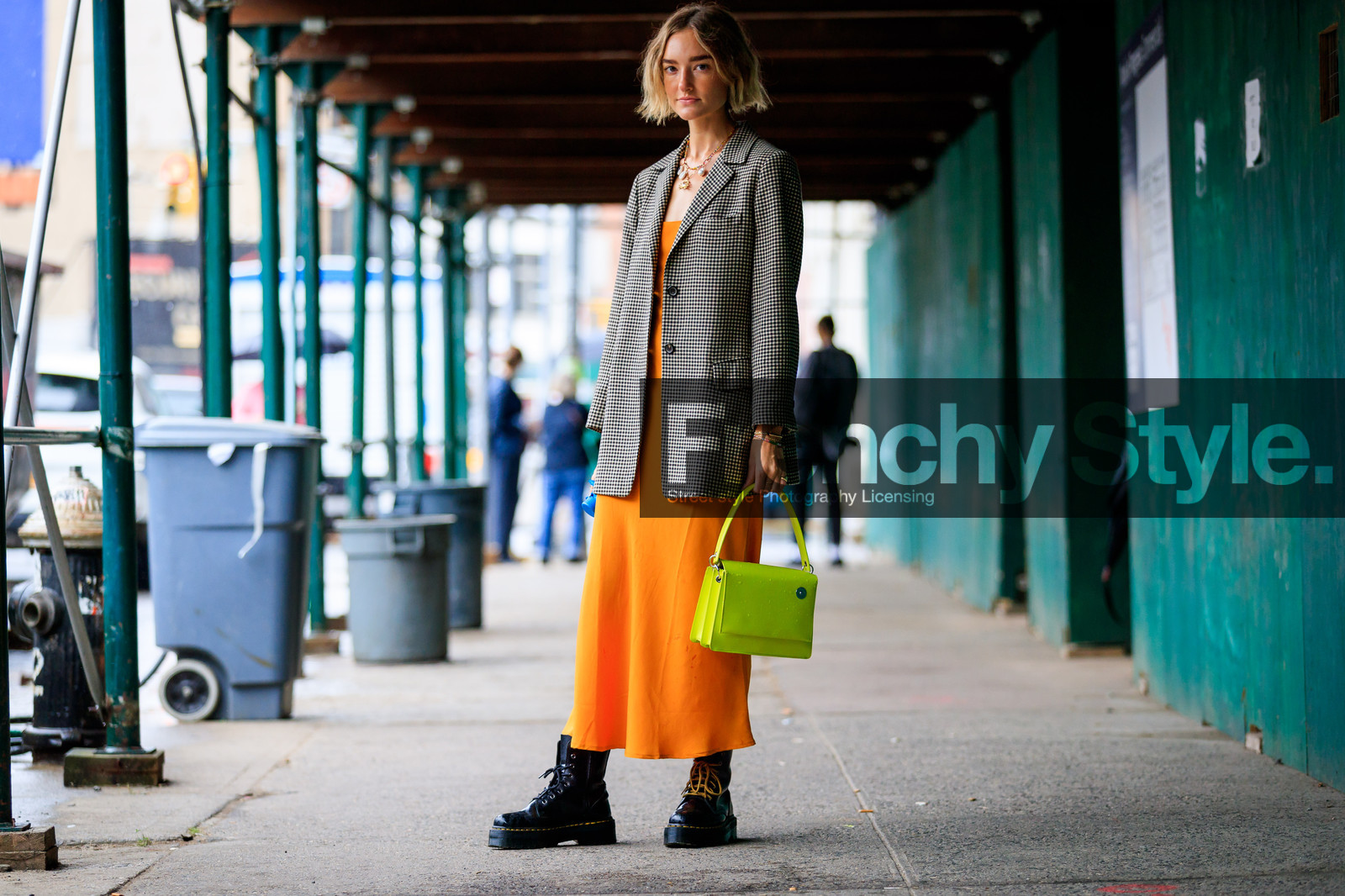 black shoes, brown jacket, checked, graphic jacket, leather bag, leather shoes, necklace, orange dress, plaid, printed jacket, yellow bag, street style, jonathan paciullo, FW, frenchystyle, fashion week, NYFW, NEW YORK, SPRING SUMMER 2019, SS 19, atmosphere details, horizontal, full length