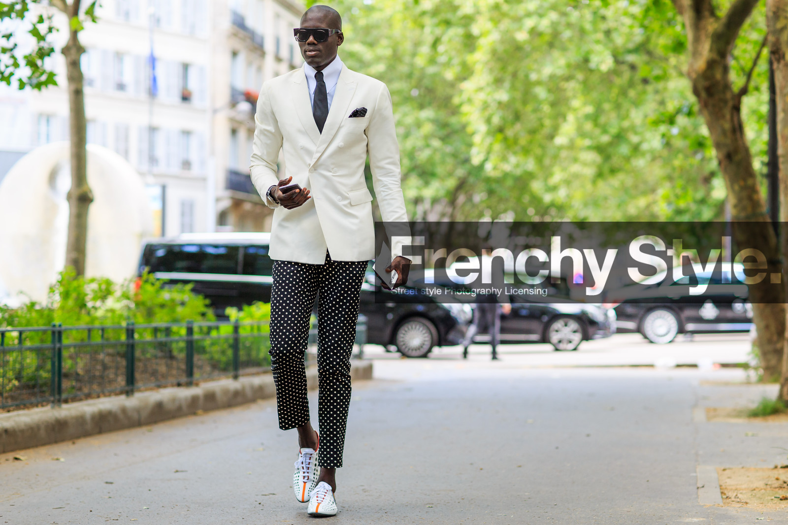 atmosphere details, black pants, black scarf, black tie, blazer, fashion week, frenchystyle, full length, FW, horizontal, jonathan paciullo, leather shoes, MENSWEAR, PARIS, PFW, polka dot, printed pants, printed scarf, SPRING SUMMER 2017, SS 17, street style, sunglasses, trousers, white jacket, white shirt, white shoes, white sneakers
