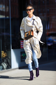AUTUMN WINTER 2016-2017, AW 16-17, beige coat, blue denim, brown bag, camel bag, denim pants, fashion week, frenchystyle, full length, FW, FW 16-17, high heels, jeans, jonathan paciullo, leather bag, NEW YORK, NYFW, purple boots, skinny jeans, street style, suede bag, sunglasses, trench coat, trousers, velvet, vertical, white coat, woman