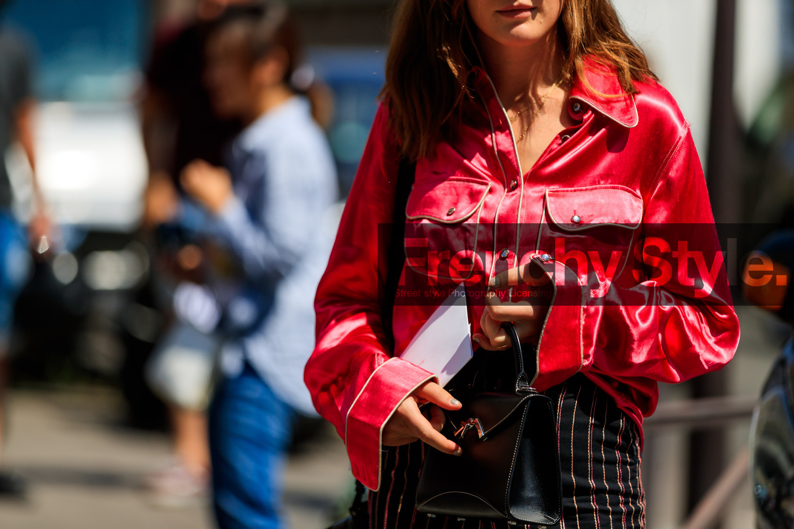 black bag, black pants, graphic pants, leather bag, printed pants, red shirt, striped pants, trousers, tucked in, fashion week, frenchystyle, FW, jonathan paciullo, street style, PFW, PARIS, atmosphere details, horizontal, detail, AUTUMN WINTER 2018-2019, FALL WINTER 2018-2019, FW 18-19, madelynn furlong
