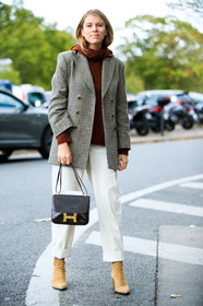 monica ainley, brown hoodie, white leather pants, black leather bag, constance hermes bag, hermes bag, checked jacket, beige jacket, brown jacket, beige boots, beige suede boots, hoodie, knit hoodie, fashion week, frenchystyle, FW, jonathan paciullo, street style, PFW, PARIS, SPRING SUMMER 2021, SS 21, vertical, full length