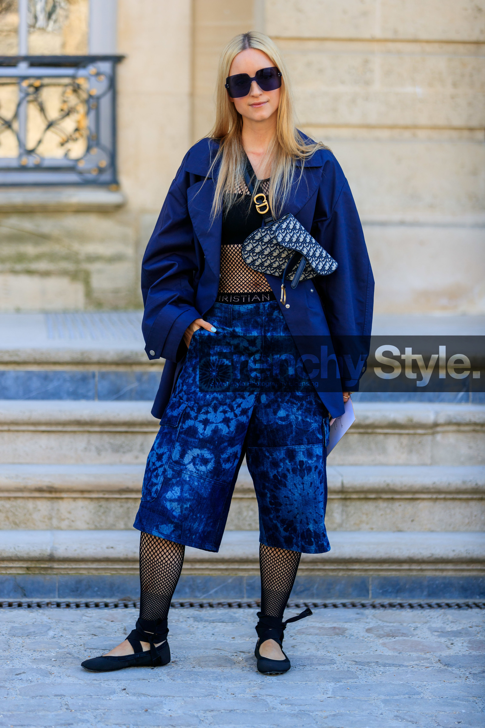 ballerinas, black bra, black shoes, blue bag, blue denim, blue jacket, Charlotte Groeneveld, christian dior, crop top, denim shorts, fishnet, graphic bag, graphic shorts, leather bag, leather shoes, monogram, printed bag, printed shorts, saddle bag, sunglasses, tights, fashion week, frenchystyle, FW, jonathan paciullo, street style, PFW, PARIS, AUTUMN WINTER 2019-2020, AW 19-20, FALL WINTER 2019-2020, FW 19-20, vertical, full length