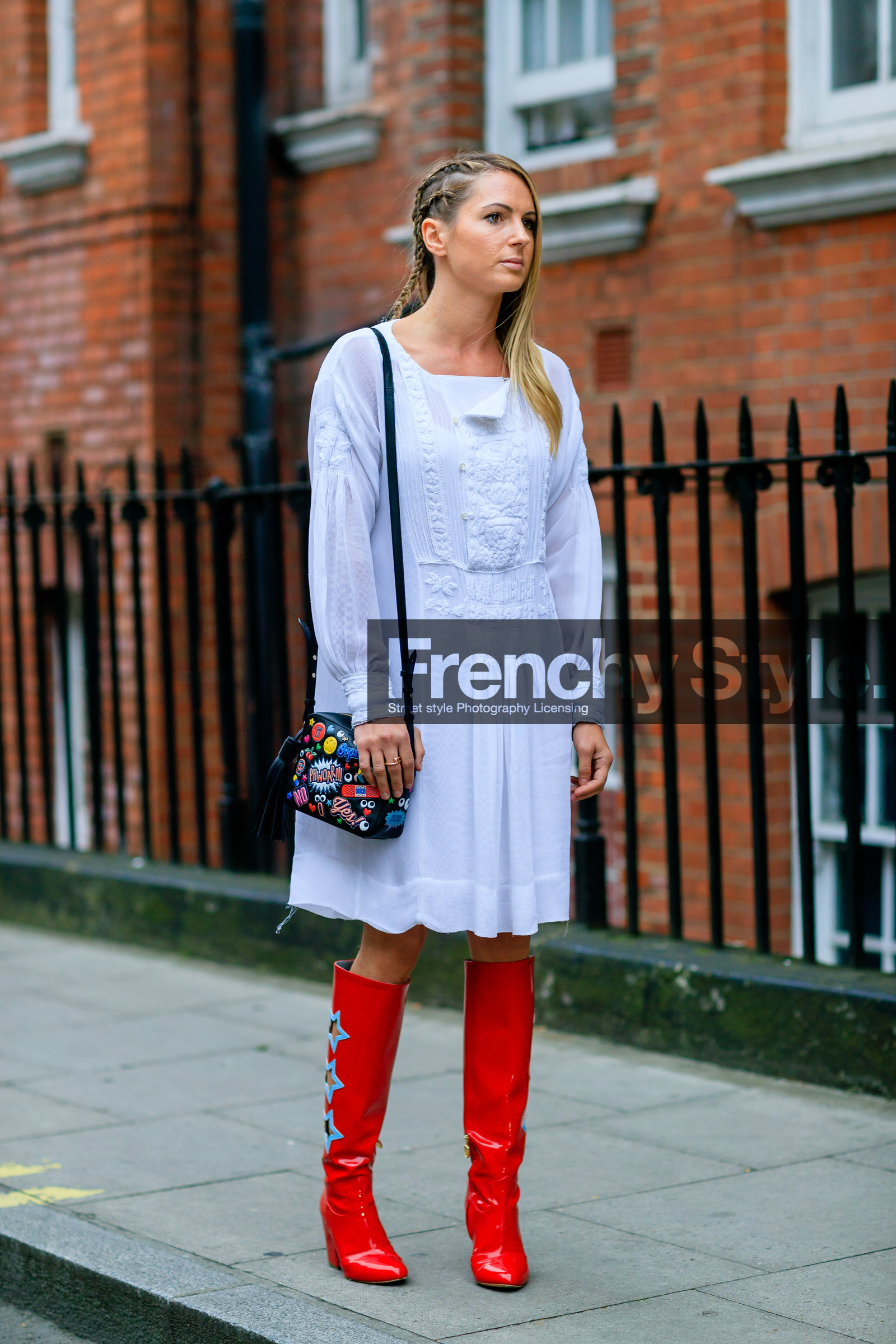 black bag, braids, cartoon, drawings, fashion week, frenchystyle, full length, FW, high heels, jonathan paciullo, lace dress, leather bag, leather boots, leather shoes, LFW, LONDON, printed bag, red boots, SPRING SUMMER 2017, SS 17, street style, varnished leather shoes, vertical, white dress, woman