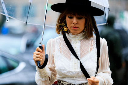 black hat, earrings, jenny cipoletti, silk shirt, umbrella, white blouse, street style, jonathan paciullo, FW, frenchystyle, fashion week, NYFW, NEW YORK, SPRING SUMMER 2019, SS 19, atmosphere details, horizontal, detail