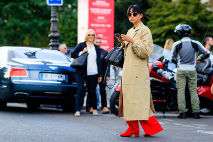 atmosphere details, beige coat, black bag, fashion week, frenchystyle, full length, FW, givenchy, horizontal, jonathan paciullo, leather bag, leather shoes, margaret zhang, overcoat, PARIS, PFW, red boots, red pants, SPRING SUMMER 2017, SS 17, street style, sunglasses, trousers