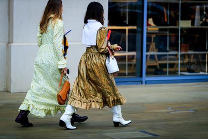 black shoes, camel bag, christian dior, floral, flowers, golden dress, graphic dress, high heels, leather bag, leather shoes, over the shoulder, printed dress, saddle bag, shiny dress, white bag, white boots, white sweater, yellow dress, street style, jonathan paciullo, FW, frenchystyle, fashion week, LFW, LONDON, AUTUMN WINTER 2019-2020, AW 19-20, FW 19-20, FALL WINTER 2019-2020, horizontal, atmosphere details, detail