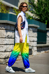 black bag, blue bag, denim bag, fanny pack, graphic bag, graphic pants, leather bag, leather shoes, multicolor pants, printed bag, printed pants, rainbow, sleeveless, sunglasses, supreme, sweatpants, tie & die, trousers, white shirt, white sneakers, yellow pants, fashion week, frenchystyle, FW, jonathan paciullo, street style, PFW, PARIS, vertical, full length, model, AUTUMN WINTER 2018-2019, FALL WINTER 2018-2019, FW 18-19, Giedrė Dukauskaitė