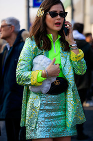 black bag, blazer, bulgari, fanny pack, green jacket, green skirt, green sweater, gucci, hair clip, leather bag, neon, shiny jacket, shiny skirt, sunglasses, watch, fashion week, frenchystyle, FW, jonathan paciullo, street style, MFW, MILAN, AUTUMN WINTER 2019-2020, AW 19-20, FALL WINTER 2019-2020, FW 19-20, vertical, atmosphere details, detail