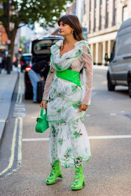 maxi dress, flowered dress, green, Bags, handbag, boots, print, dress, belt, fashion week, frenchystyle, FW, jonathan paciullo, street style, SPRING SUMMER 2022, SS 22, LFW, LONDON, vertical, full length