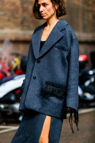 dark grey jacket, dark grey skirt, oversize jacket, split skirt, pearl embroidered jacket, mid long skirt, prada jacket, prada skirt, prada total look, embroidered jacket, embroidered skirt, erika boldrin, street style, jonathan paciullo, FW, frenchystyle, fashion week, MFW, MILAN, SPRING SUMMER 2021, SS 21, vertical, detail