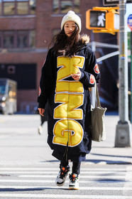 AUTUMN WINTER 2016-2017, AW 16-17, black, black coat, FALL WINTER 2016-2017, fashion week, frenchystyle, full length, FW, FW 16-17, huan zhou, jonathan paciullo, leather sneakers, long coat, model, NEW YORK, NYFW, oversize, printed coat, street style, vertical, white beanie, woman, yellow