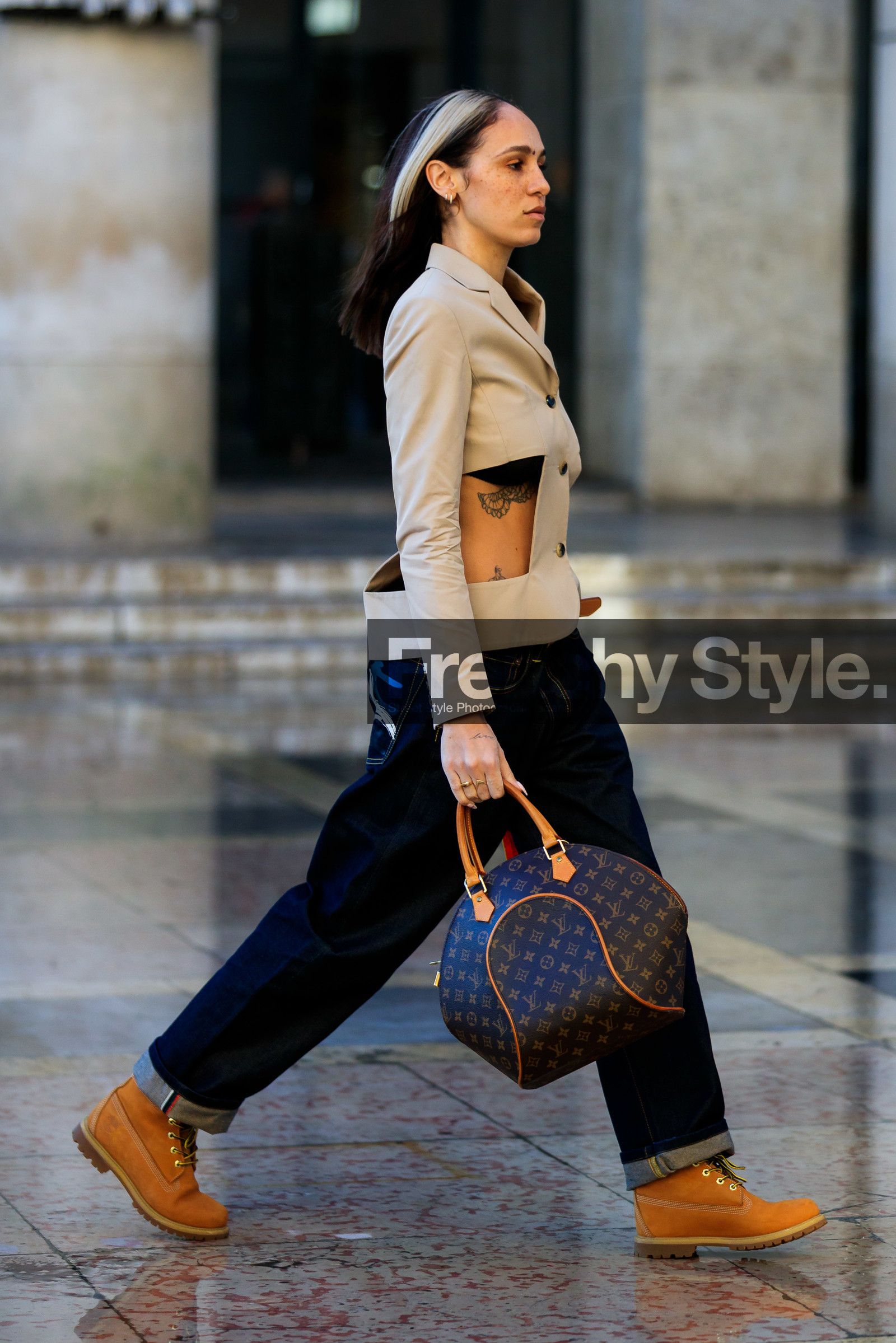 hera pradel, timberland shoes, camel suede boots, laced boots, flat boots, hiking boots, blue jeans, boyfriend jeans, brown leather bag, hand bag, monogrammed bag, louis vuitton bag, light beige jacket, openwork jacket, red scarf, tatoo, denim, fashion week, frenchystyle, FW, jonathan paciullo, street style, PFW, PARIS, vertical, full length