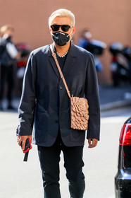 valentino sunglasses, valentino earrings, flower shape earrings, dangling earrings, valentino bag, valentino jacket, valentino look, light pink leather bag, flower bag, patchwork bag, crossbody bag, letter printed jacket, dark grey jacket, covid face mask, brian boy, street style, jonathan paciullo, FW, frenchystyle, fashion week, MFW, MILAN, SPRING SUMMER 2021, SS 21, vertical, detail