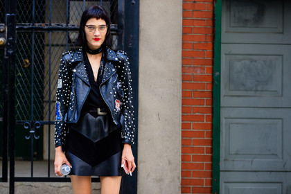 atmosphere details, black jacket, black perfecto, black skirt, detail, embroidered jacket, fashion week, frenchystyle, FW, high waist, horizontal, jonathan paciullo, leather jacket, leather perfecto, leather skirt, model, NEW YORK, NYFW, red lips, scarf, SPRING SUMMER 2017, SS 17, street style, studs, woman