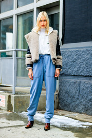 AUTUMN WINTER 2017-2018, AW 17-18, beige fur, black jacket, blue pants, brown boots, FALL WINTER 2017-2018, fashion week, frenchystyle, full length, fur collar, FW, FW 17-18, high heels, jonathan paciullo, lacoste, leather boots, leather jacket, linda tol, NEW YORK, NYFW, shearling, street style, sweatpants, trousers, vertical, white shirt, white sweater