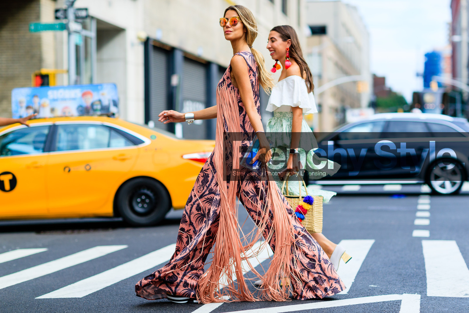 atmosphere details, blue bag, fashion week, floral, frenchystyle, fringes, full length, FW, horizontal, jonathan paciullo, martha graeff, NEW YORK, NYFW, pink, printed jumpsuit, purple, SPRING SUMMER 2017, SS 17, street style, sunglasses, turquoise, woman