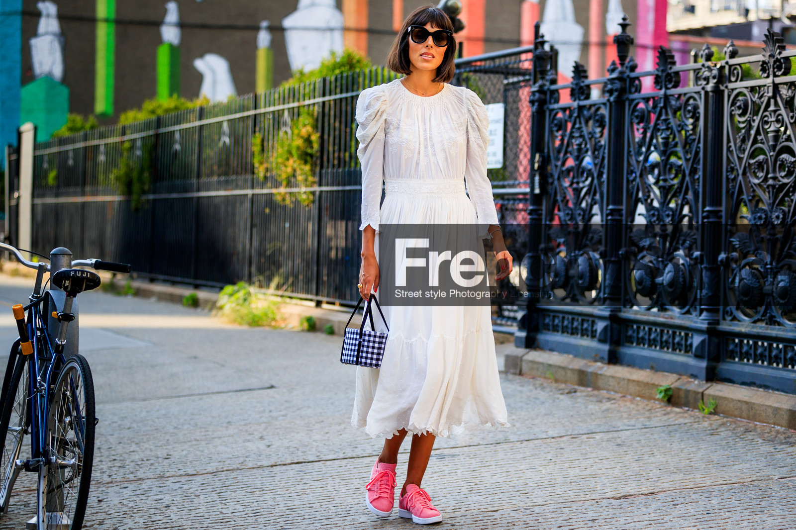 adidas, black and white bag, checked bag, gingham, graphic bag, leather bag, leather shoes, pink sneakers, printed bag, sunglasses, white dress, fashion week, frenchystyle, FW, jonathan paciullo, street style, NYFW, NEW YORK, SPRING SUMMER 2019, SS 19, atmosphere details, horizontal, full length