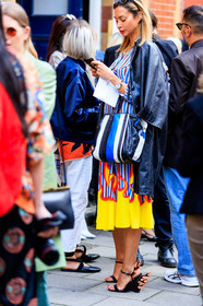 balenciaga, black coat, black shoes, blue bag, blue dress, graphic bag, graphic dress, high heels, leather bag, leather coat, leather shoes, multicolor dress, over the shoulder, prada, printed bag, printed dress, striped bag, stripes, watch, yellow, fashion week, frenchystyle, FW, jonathan paciullo, street style, LFW, LONDON, SPRING SUMMER 2019, SS 19, vertical, full length