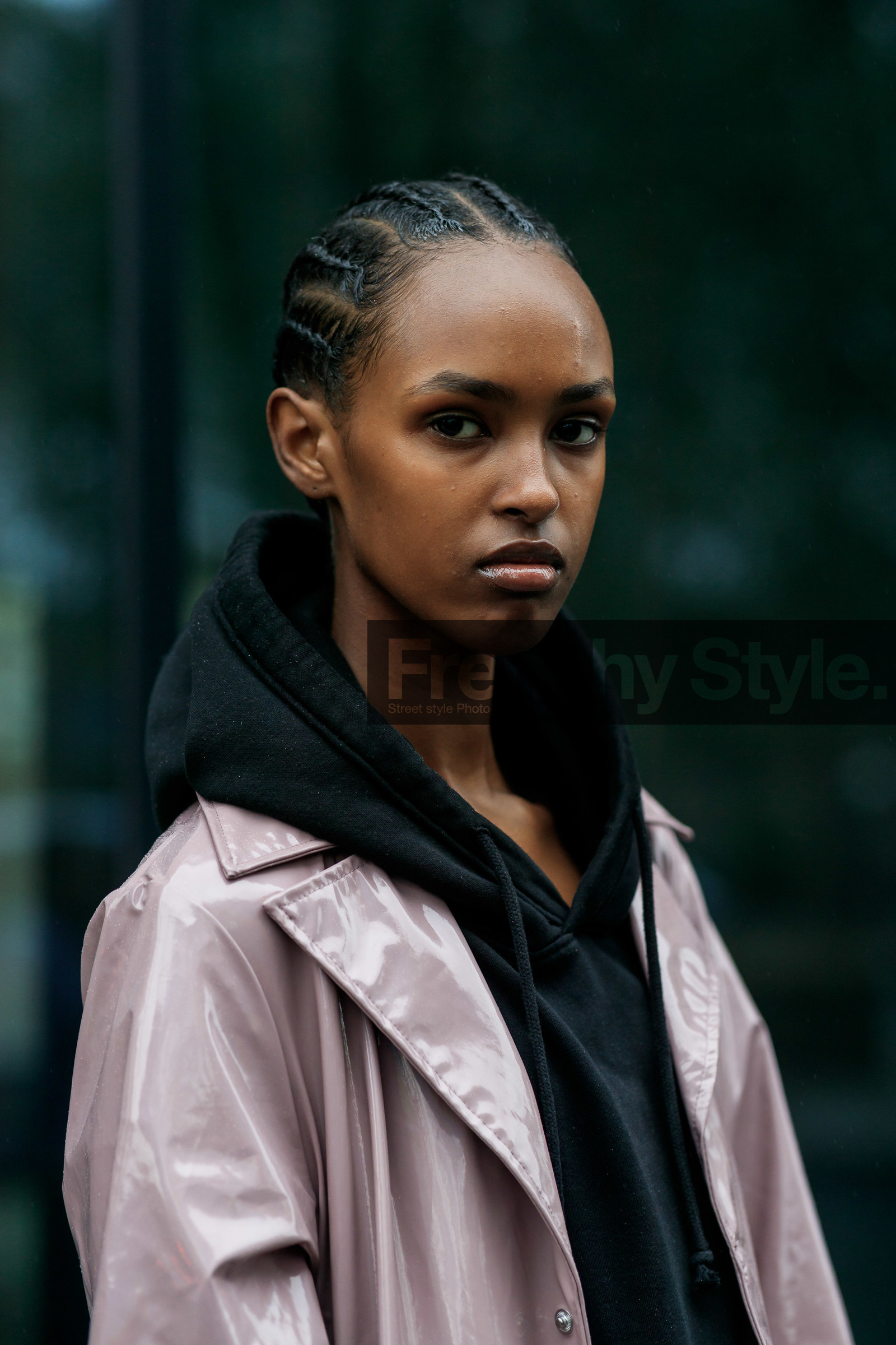 model, close up detail, plaited hair, hair details, black hoodie, vinyl jacket, beige jacket, fashion week, frenchystyle, FW, jonathan paciullo, street style, vertical, detail, atmosphere details